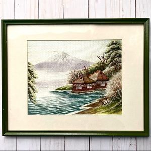 Vintage Japanese Embroidered Green Framed Wall Art